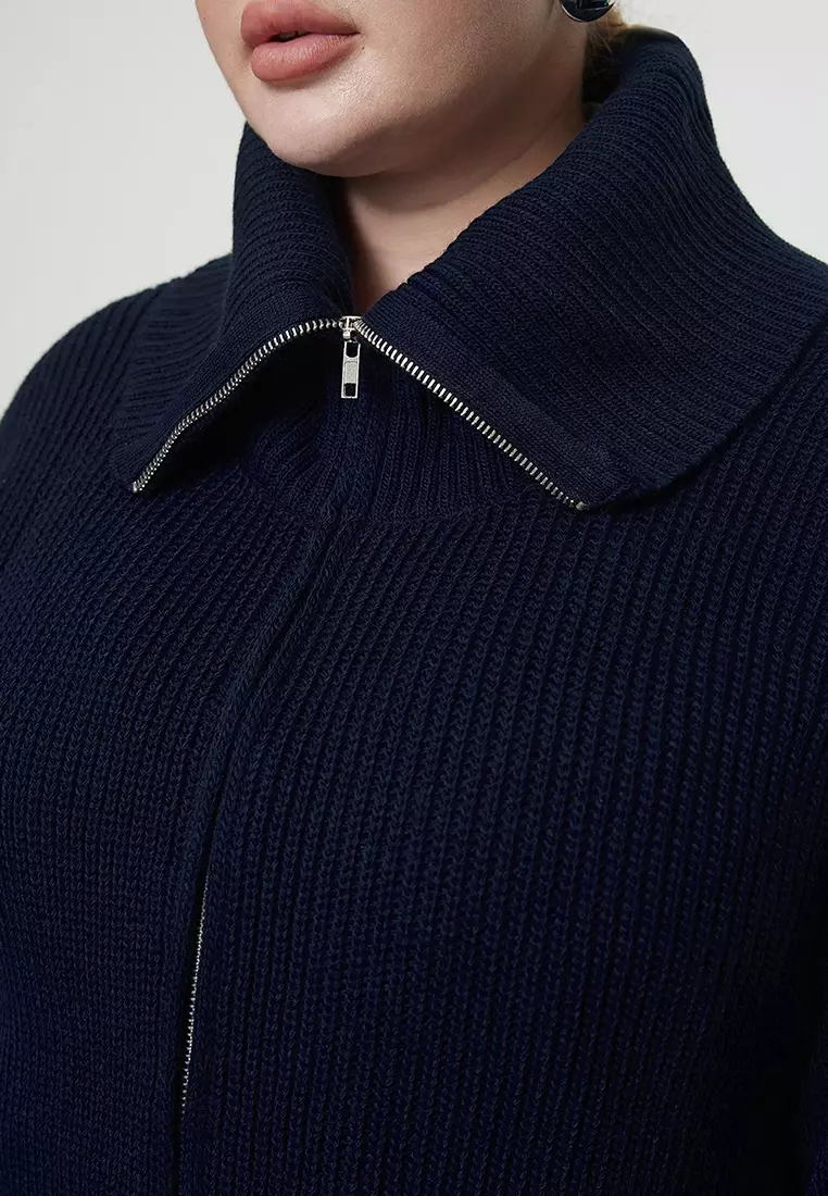 Navy Blue Turn-Down Collar Zippered Crop Knitwear Cardigan Tbbaw25Av00009