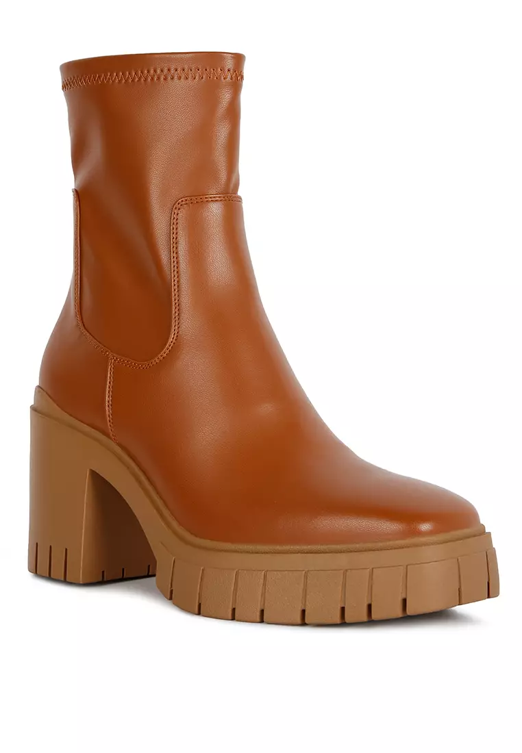 Tan Faux Leather Platform Heeled Ankle Boot