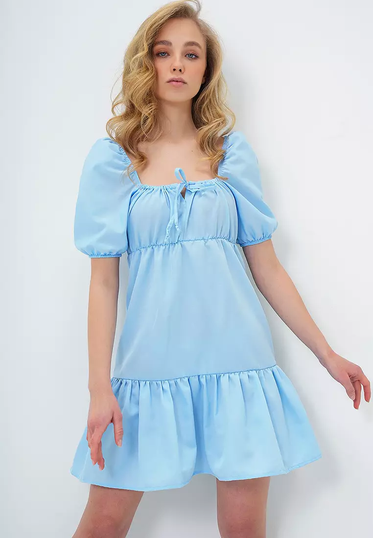 Women's Baby Blue Square Neck Balloon Sleeve Poplin Mini Dress Alc-X13594