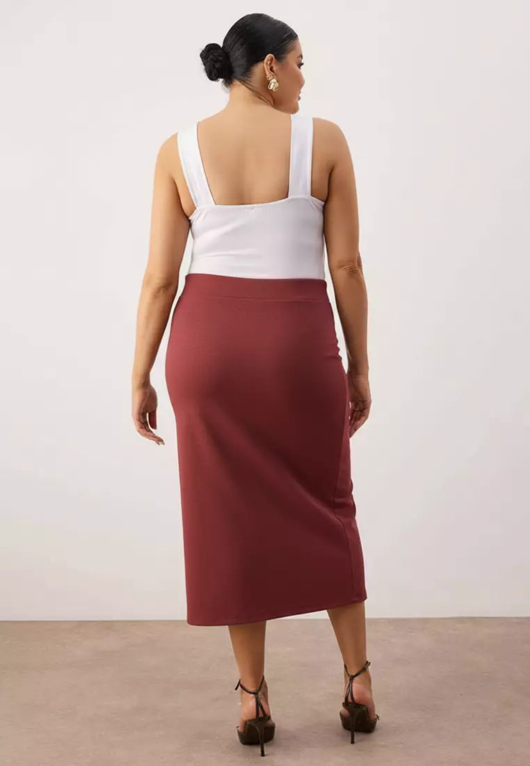 Burgundy Slit Detailed Knitted Stretchy Fabric Plus Size Midi Skirt Tbbaw26Az00023