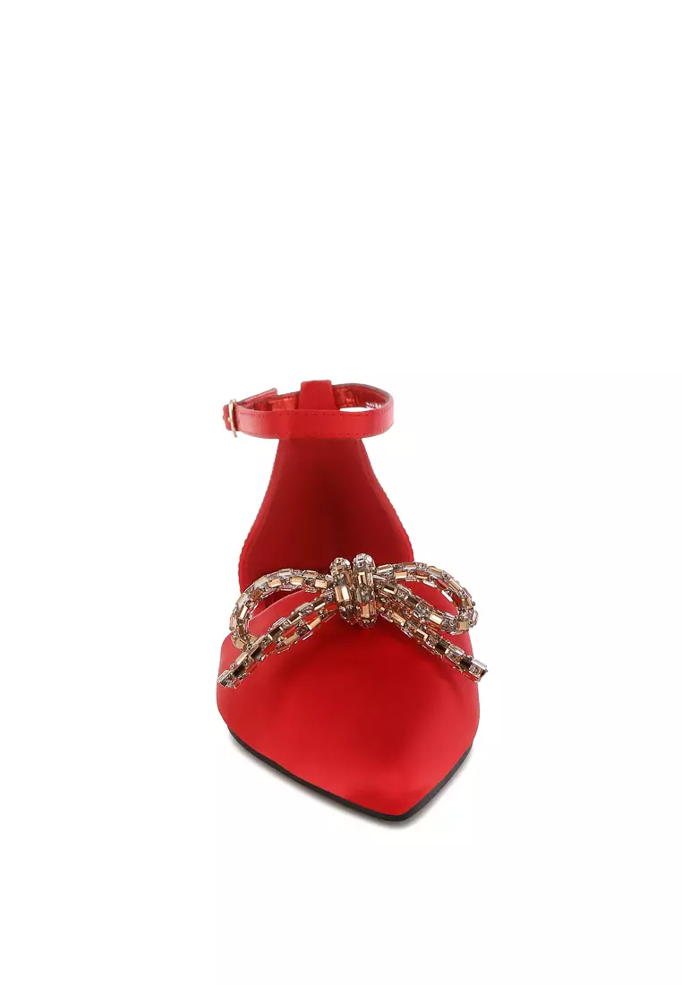 Rhinestone Detail Bow Flat Sandals in Red