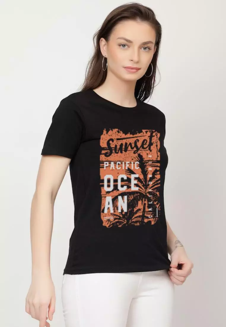 Sunset PrintClassic Relaxed Short Sleeve Stylish Black Cotton Casual Graphic Print Tee/TShirt
