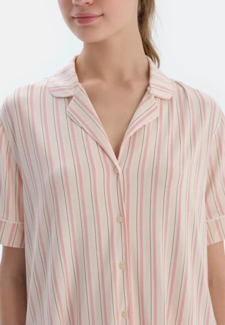 Pink Shirt & Trousers, Striped, Shirt Collar, Regular, Long Leg, Short Sleeve Sleepwear for Women