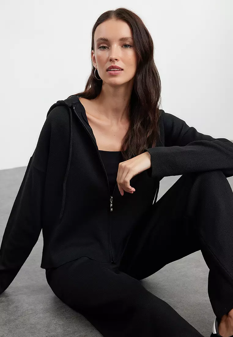 Black Hooded Knitwear Bottom-Top Set TWOAW25AU00031