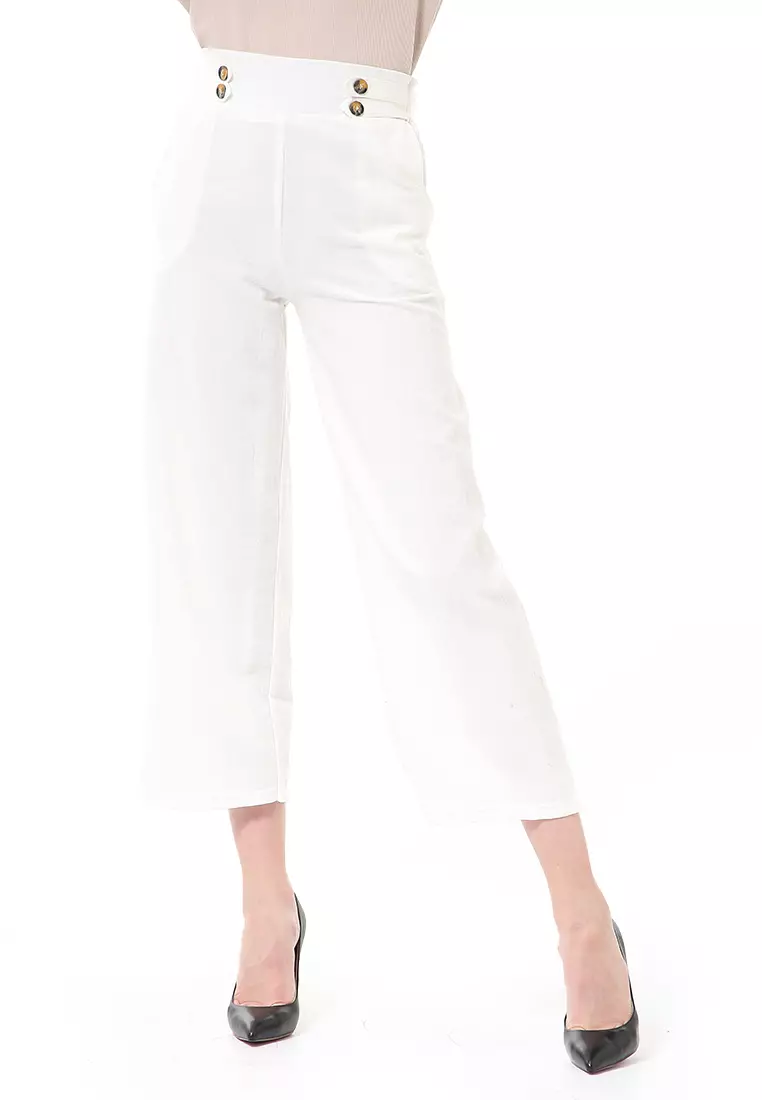 Stella Casual Long Pants Wanita Celana Kulot Highwaist Double Botton Material Linen ORIGINAL - Broken White