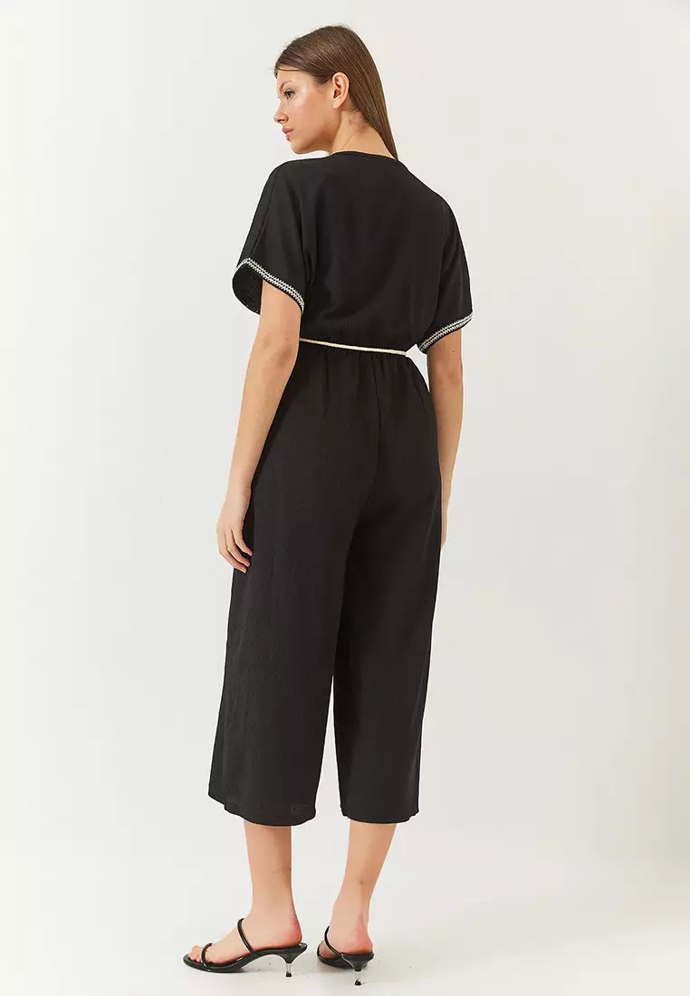 Women's Double Breasted Collar Sleeve Detail Elastic Waist Belted Crinkle Jumpsuit 60261418