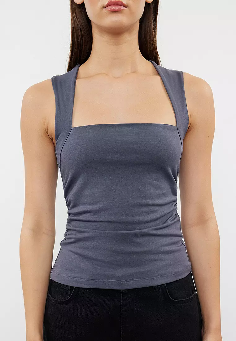 Gray Plain Square Neck Strappy Gathered Fitted Flexible Knitted Blouse