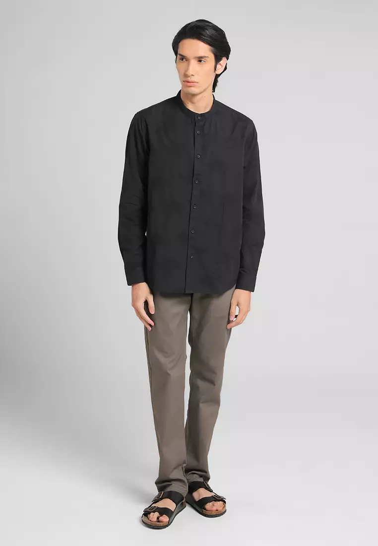 MANZONE - Kemeja Koko Shanghai Lengan Panjang Pria Umaira Modern Fit - Black Warna Black