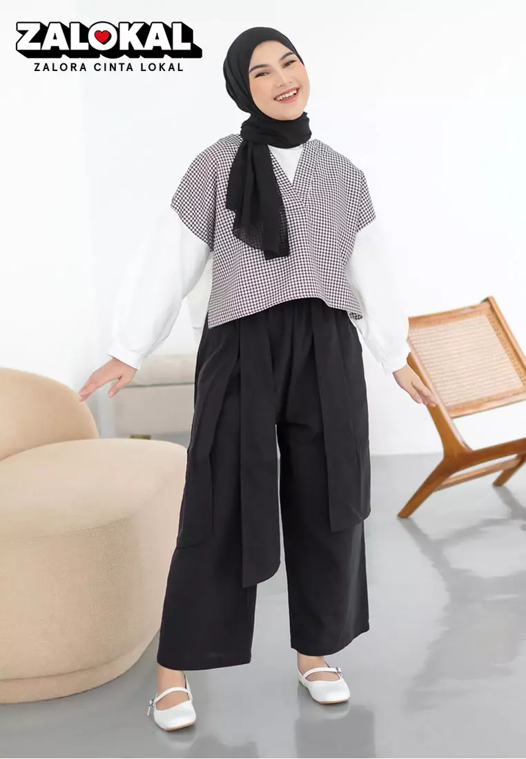 Jual Lozy Hijab Theena Pants Celana Kulot Linen Black Original