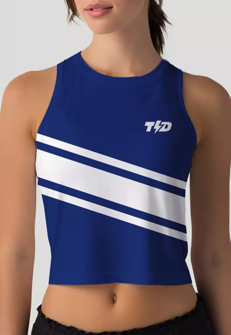 LSD96 Crop Tank Top Lari Running Td Bolt 3lines biru navy