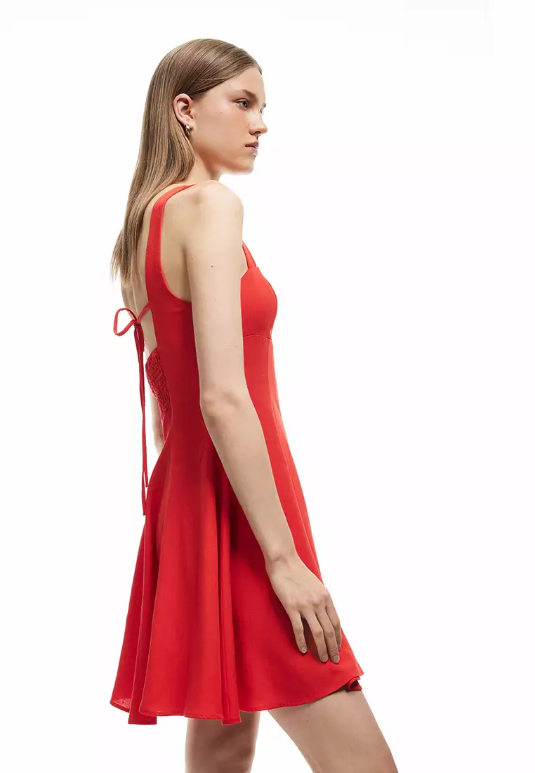 Linen Blend Square Neck Sleeveless A-Line Strap Mini Dress