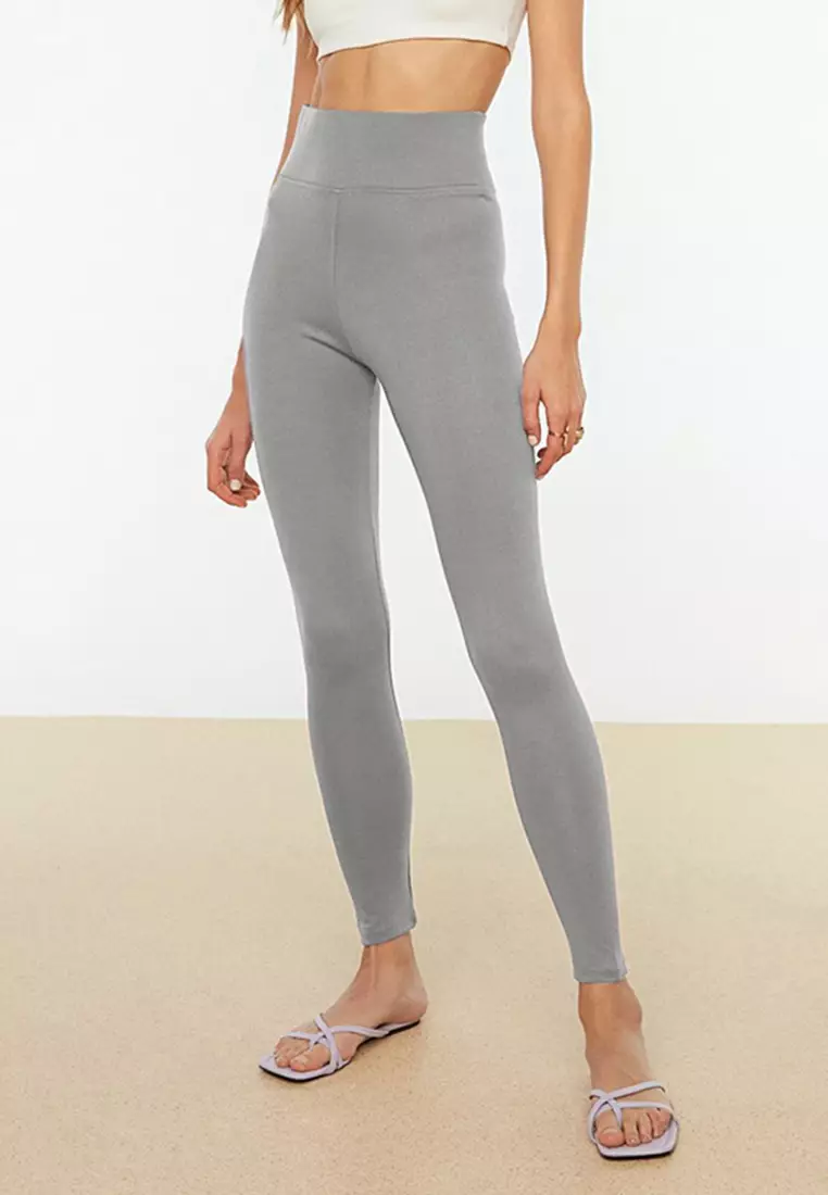 Dark Grey Elastic Waist High Waist Elastic Knitted Leggings