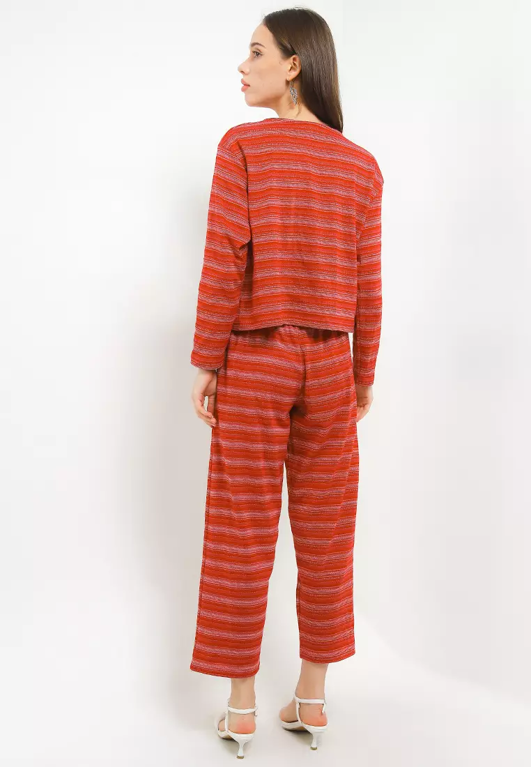 Atasan Bawahan Set Stripe Lengan Panjang Celana Panjang