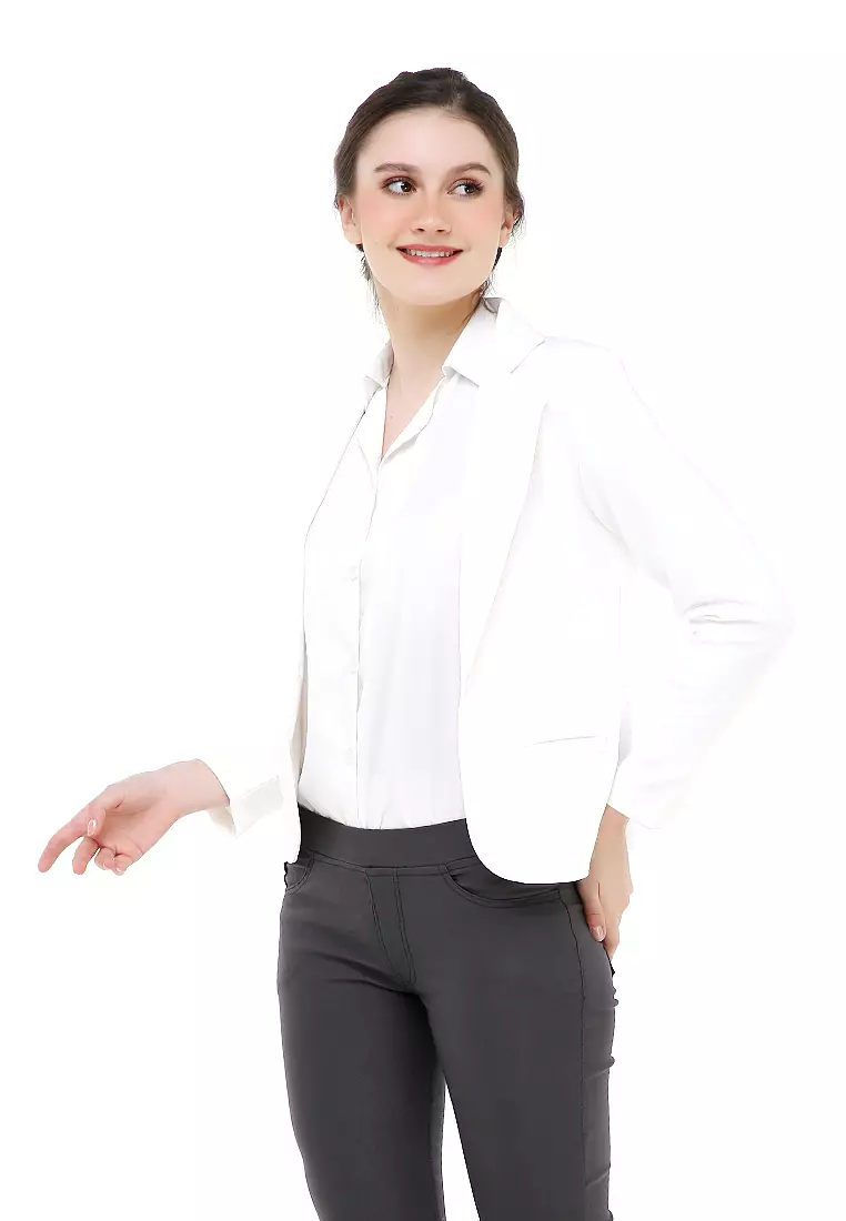 Qemsya Blazer Wanita Slim Fit Plain Suit Formal Longsleeve Material Scuba ORIGINAL - White