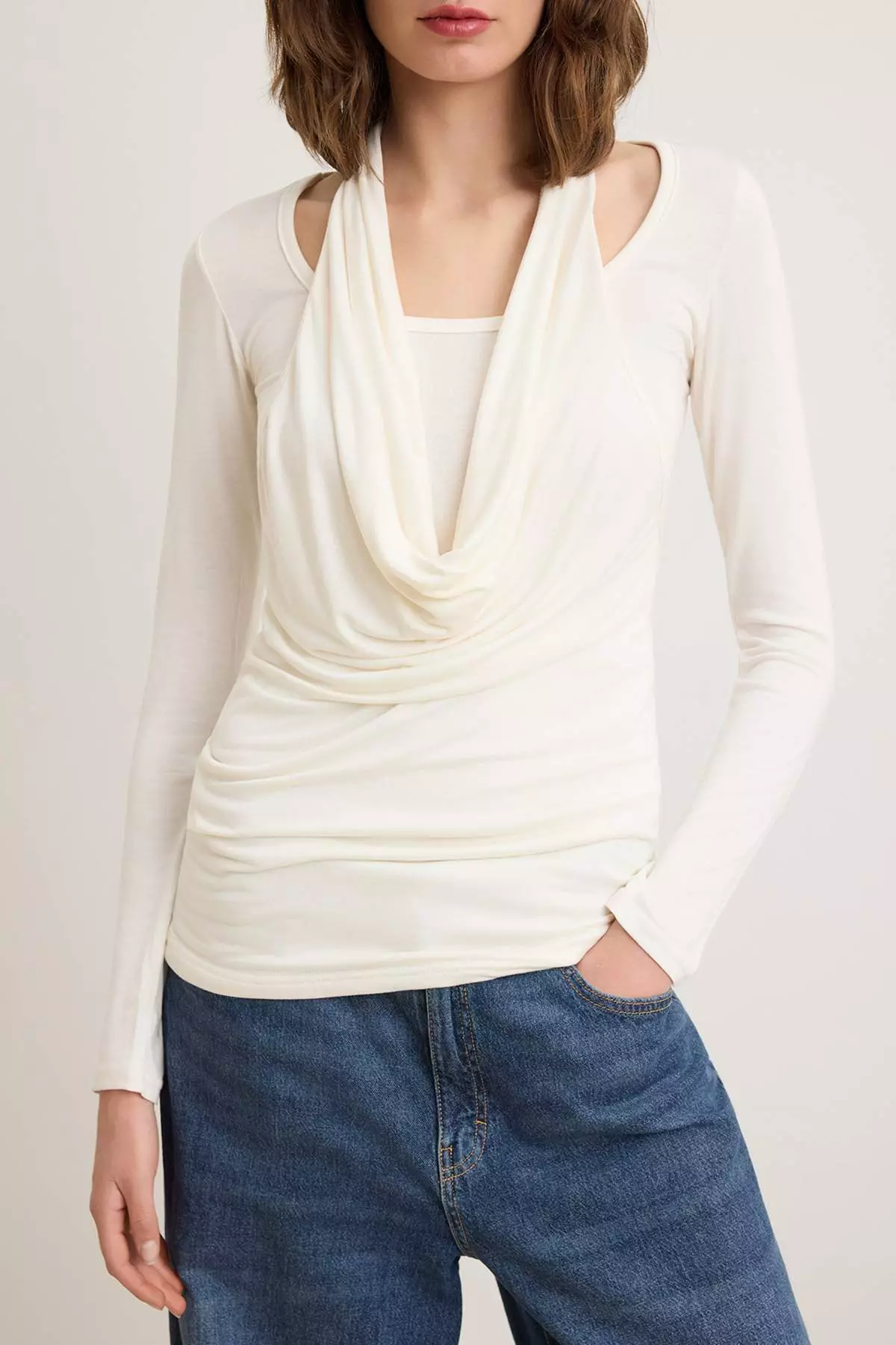 Ecru Regular/Normal Fit Halter Neck Tie-Detail Long Sleeve Soft Knitted Blouse Twoss26Bz764