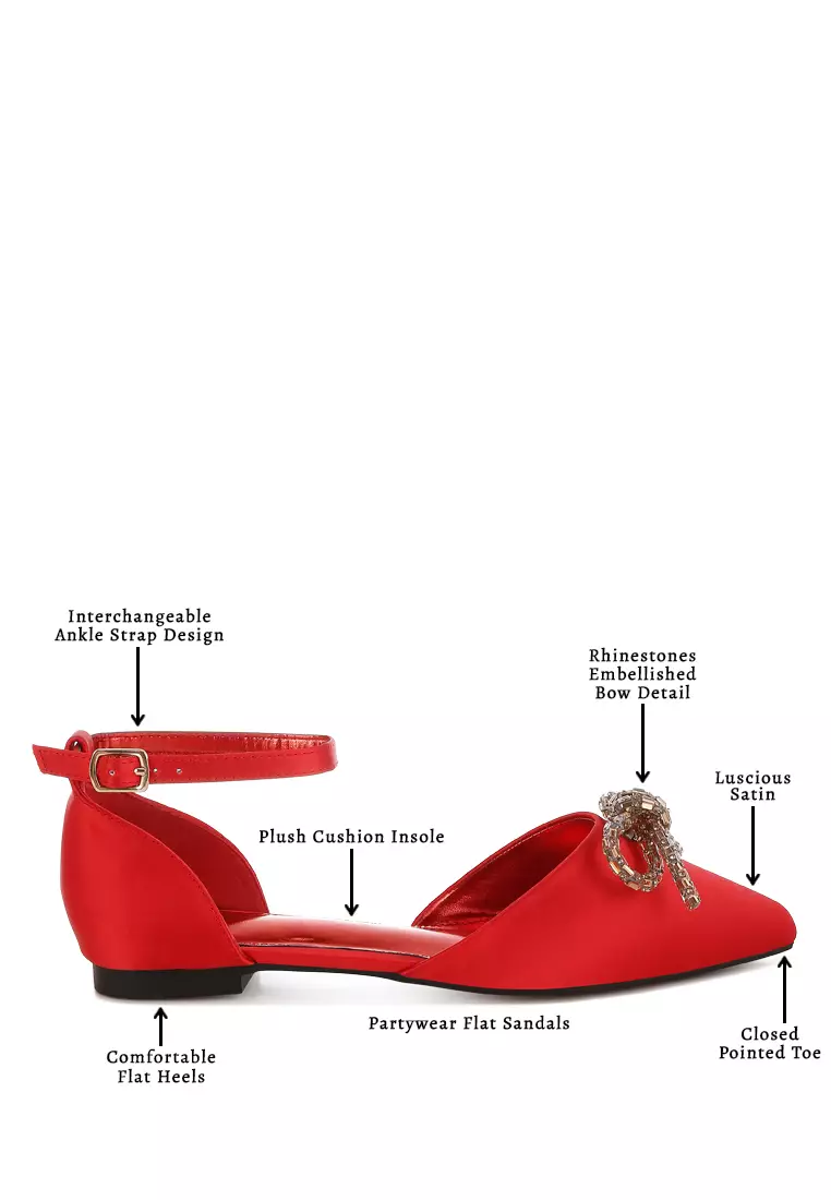 Rhinestone Detail Bow Flat Sandals in Red
