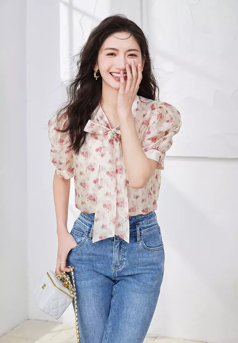 Puff Sleeve Mandarin Collar Floral Top with Front Ribbon Tie