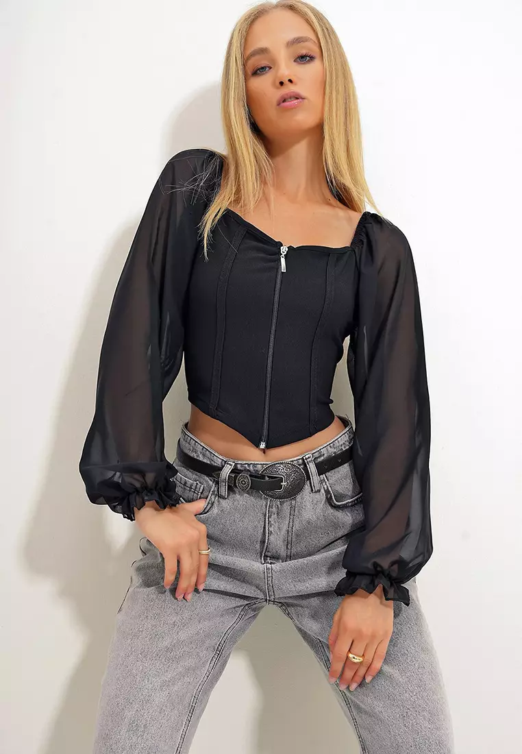Puff Sleeve Top with Zipper