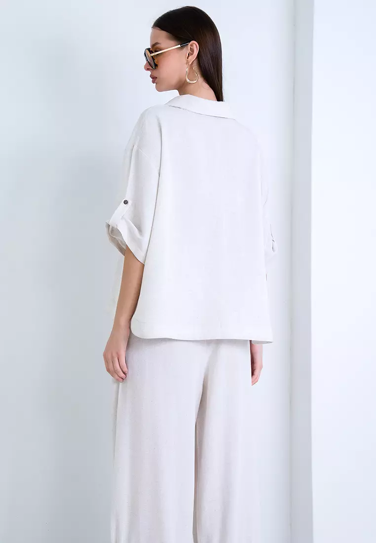 Polo Collar Wide Cut Linen Blouse with Folded Cuffs