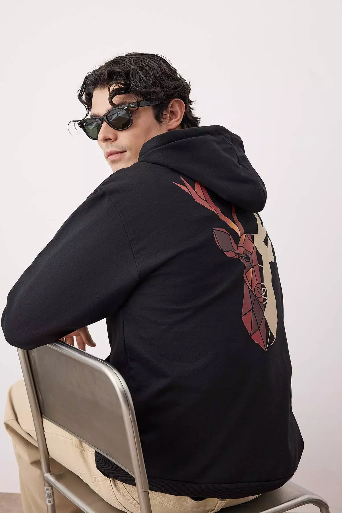 Black Oversize/Wide Cut Hooded Fleece/Warm Deer Printed Sweatshirt