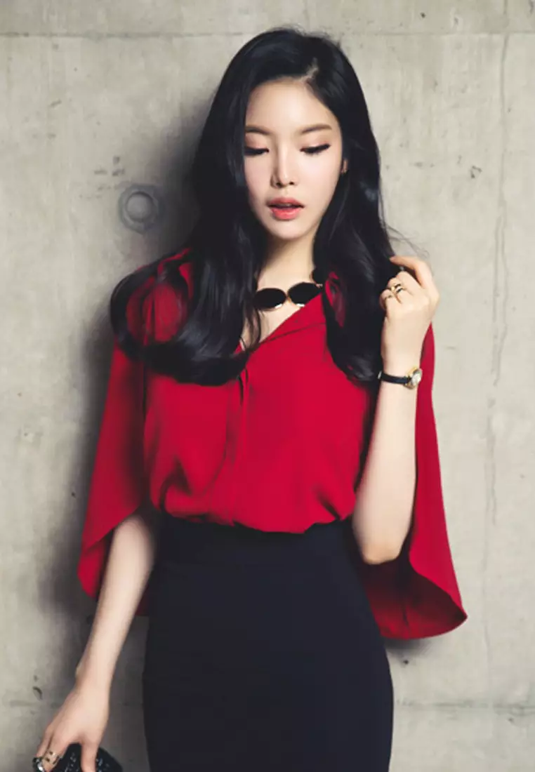 Red Chiffon Cape Shawl Button Down Top A083118