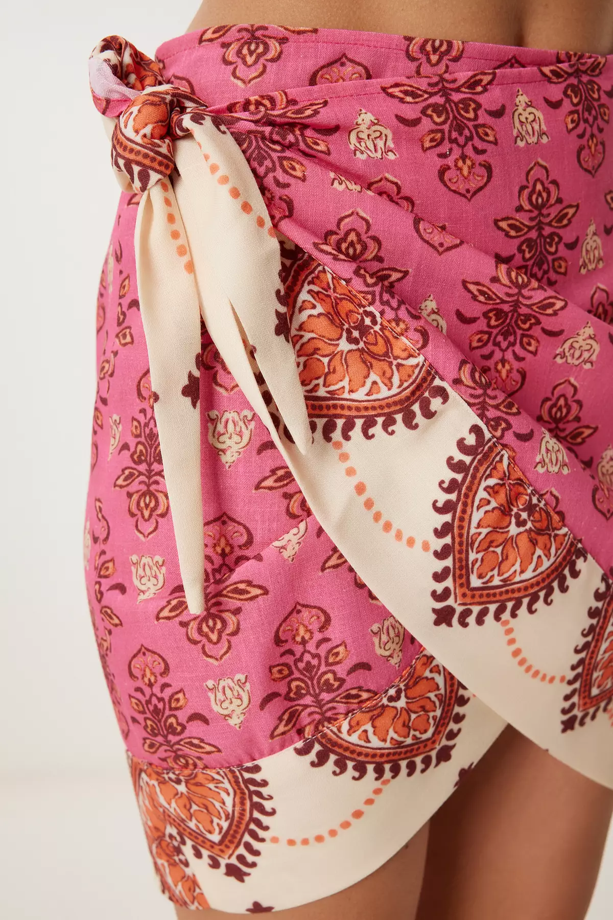 Women's Pink Cream Patterned Asymmetrical Mini Linen Skirt Fg00034