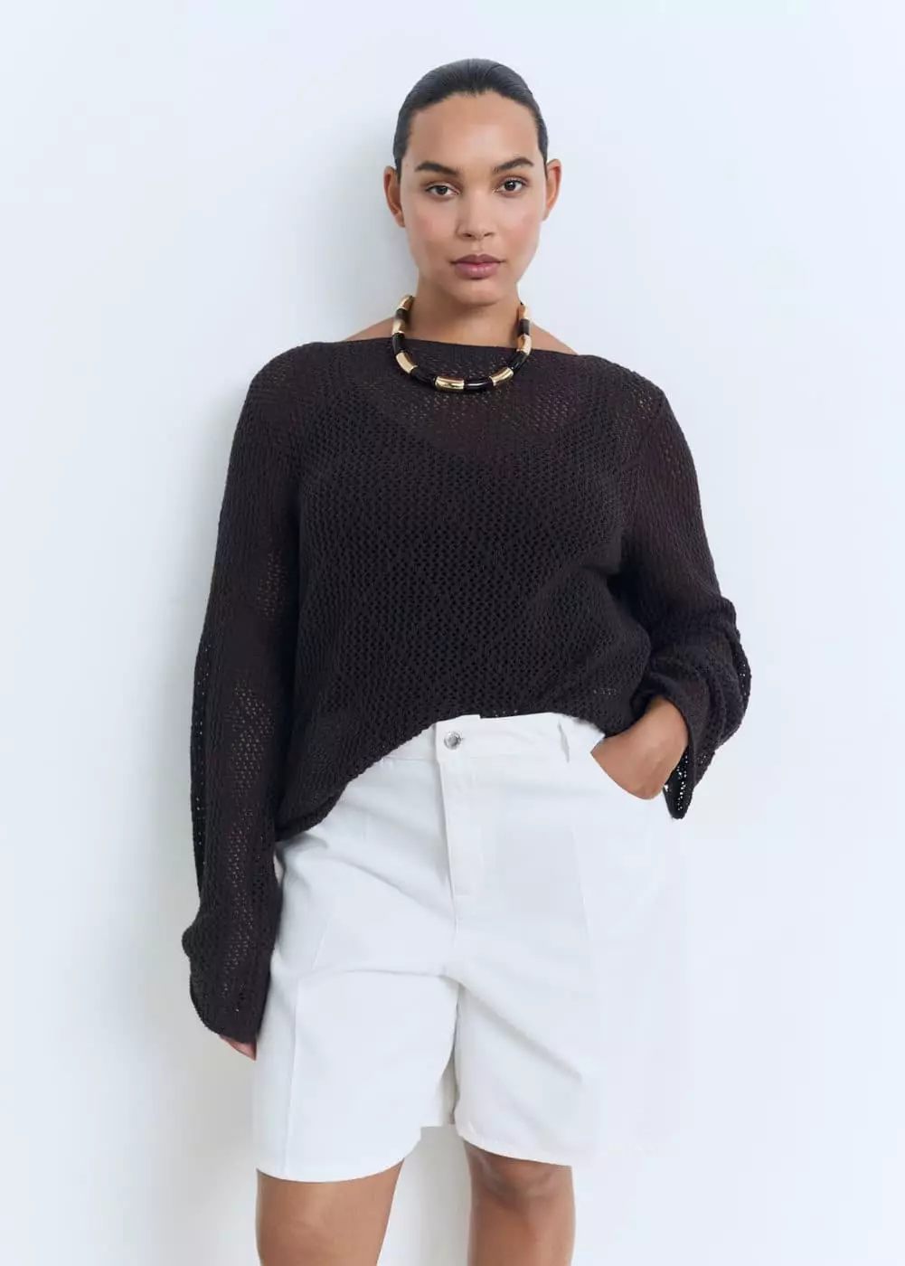 Celana pendek denim lurus berpinggang tinggi