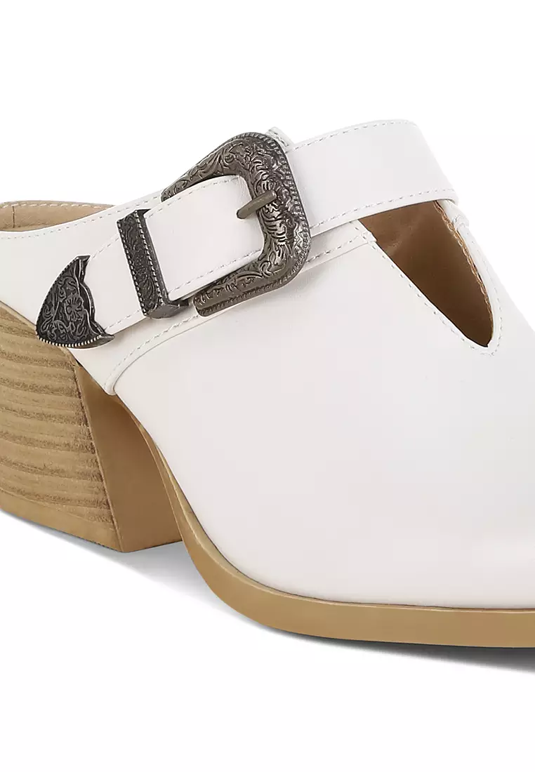 Carved Buckle Statement Mules in White