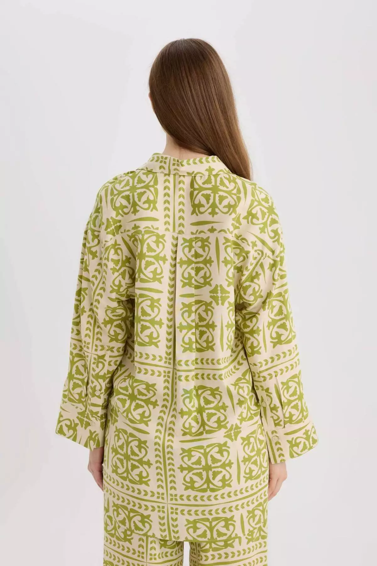 Relax Fit Patterned Linen Blended Long Sleeve Hijab Shirt Tunic D8184Ax25Sp