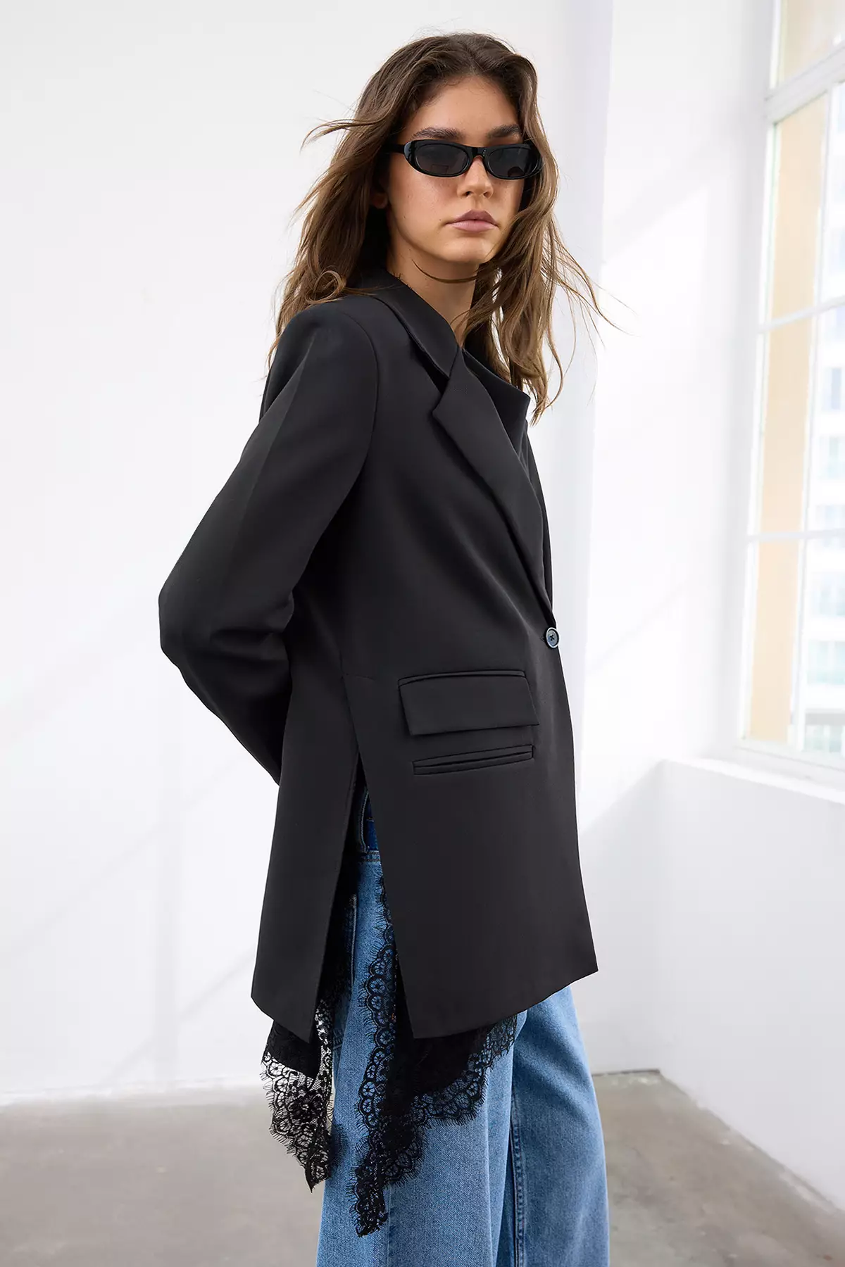 Black Oversize Pocket Detailed Woven Blazer Jacket
