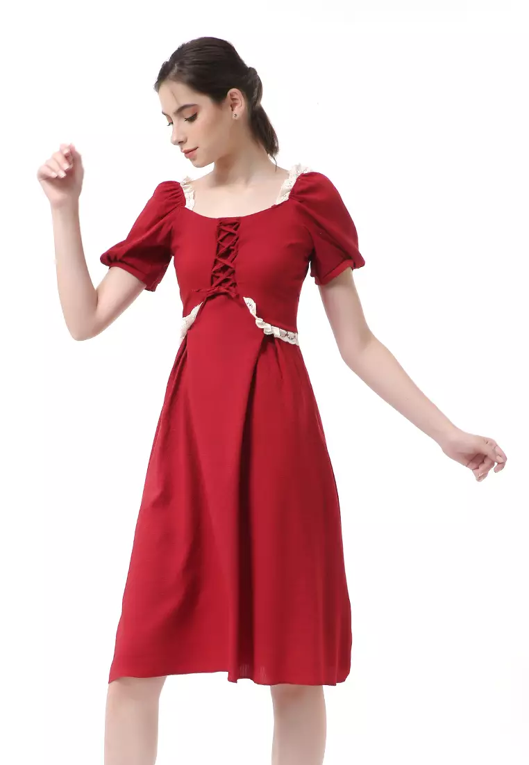 Rachel Slim Dress Wanita Model A-line Lengan Pendek Material Cotton ORIGINAL - Red
