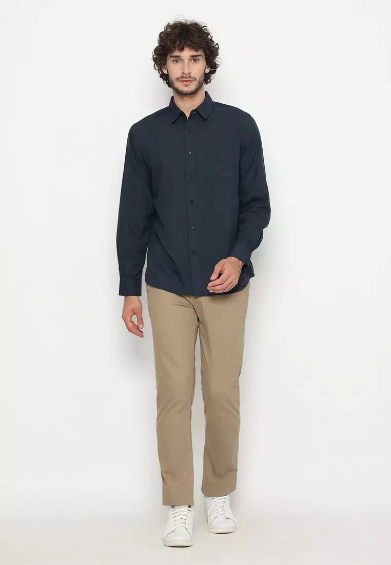 POLICE Kemeja Polos Basic Cotton Soft Navy Regular Fit Lengan Panjang Pria