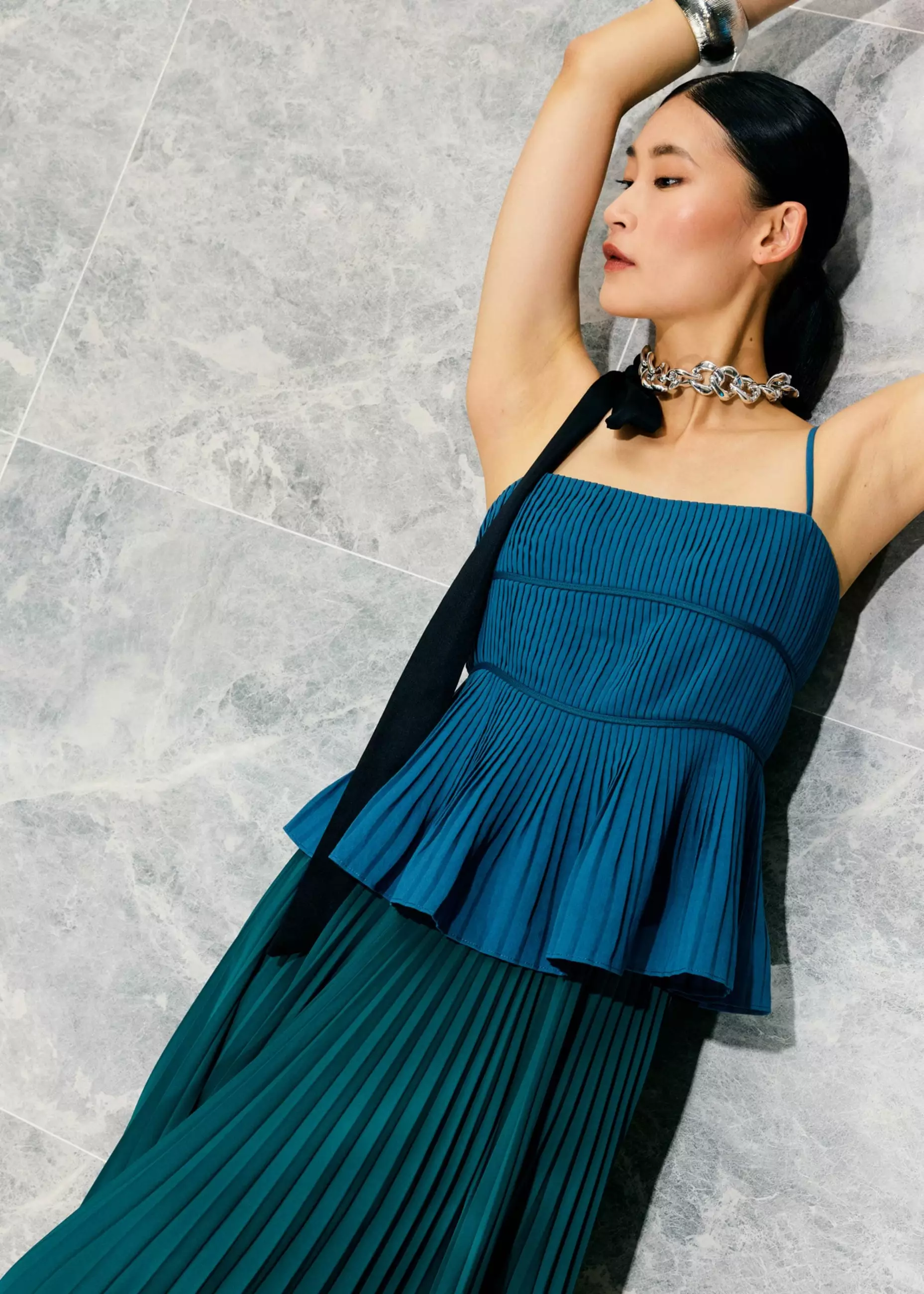 Atasan Wanita - Pleated Straight Neck Peplum Camisole Top