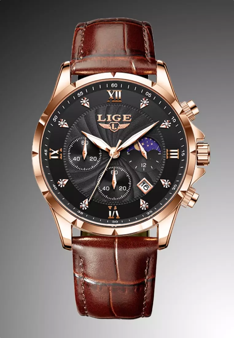 Chronograph Unisex IP Rose Gold color Stainless Steel Quartz Watch, Black dial, Brown Leather Strap