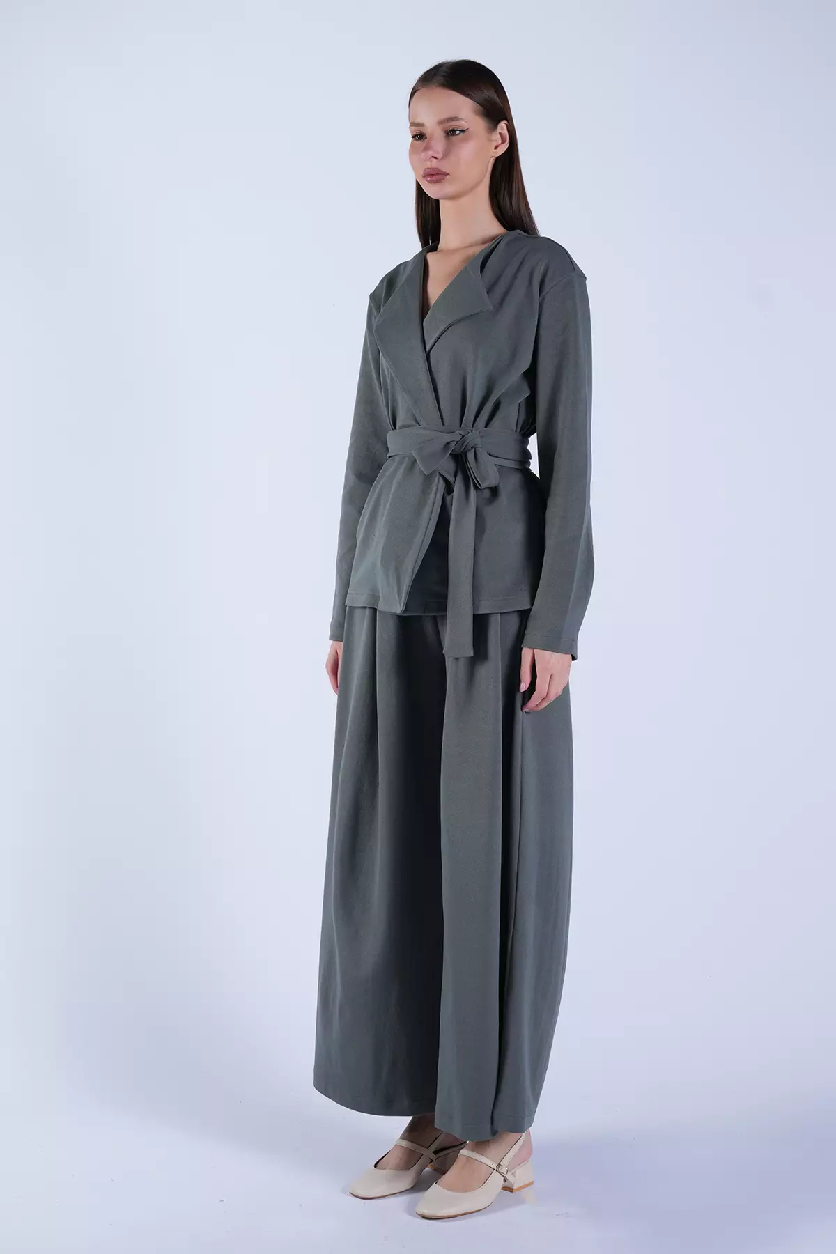 Women'S Khaki Self-Belted Long Jacket And Double-Pocket Trousers Set Alc-X15042