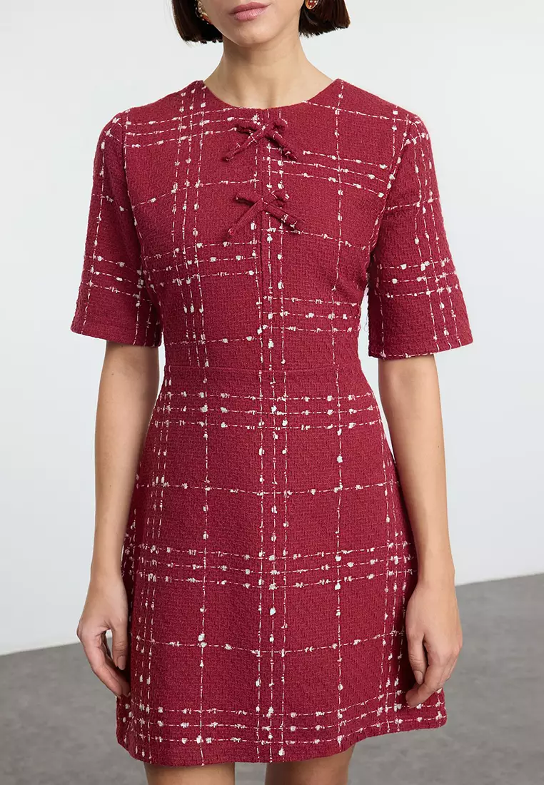 Burgundy Plaid A-Line Bow Detailed Mini Woven Tweed Dress TWOAW25EL00186