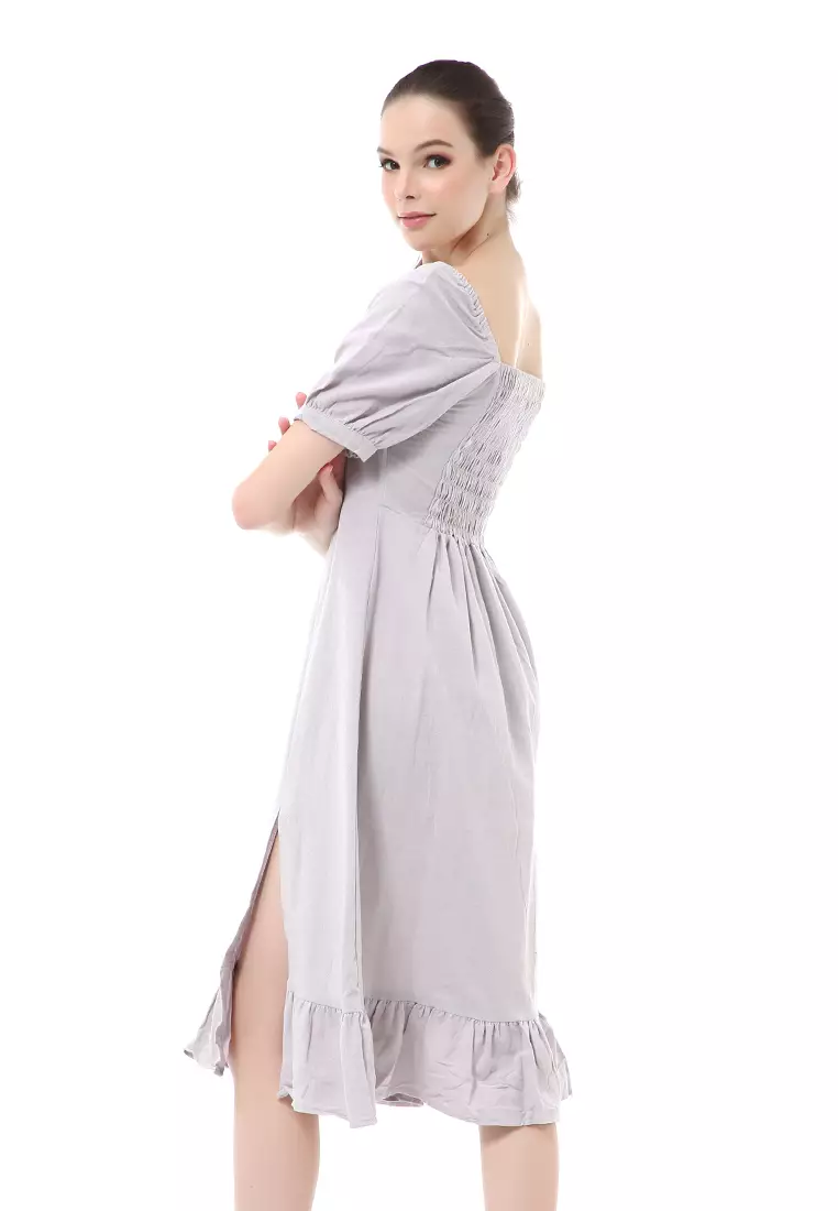 Rachel Midi Dress Rample Wanita Vintage Bottom Lengan Pendek Material Linen ORIGINAL - Gray