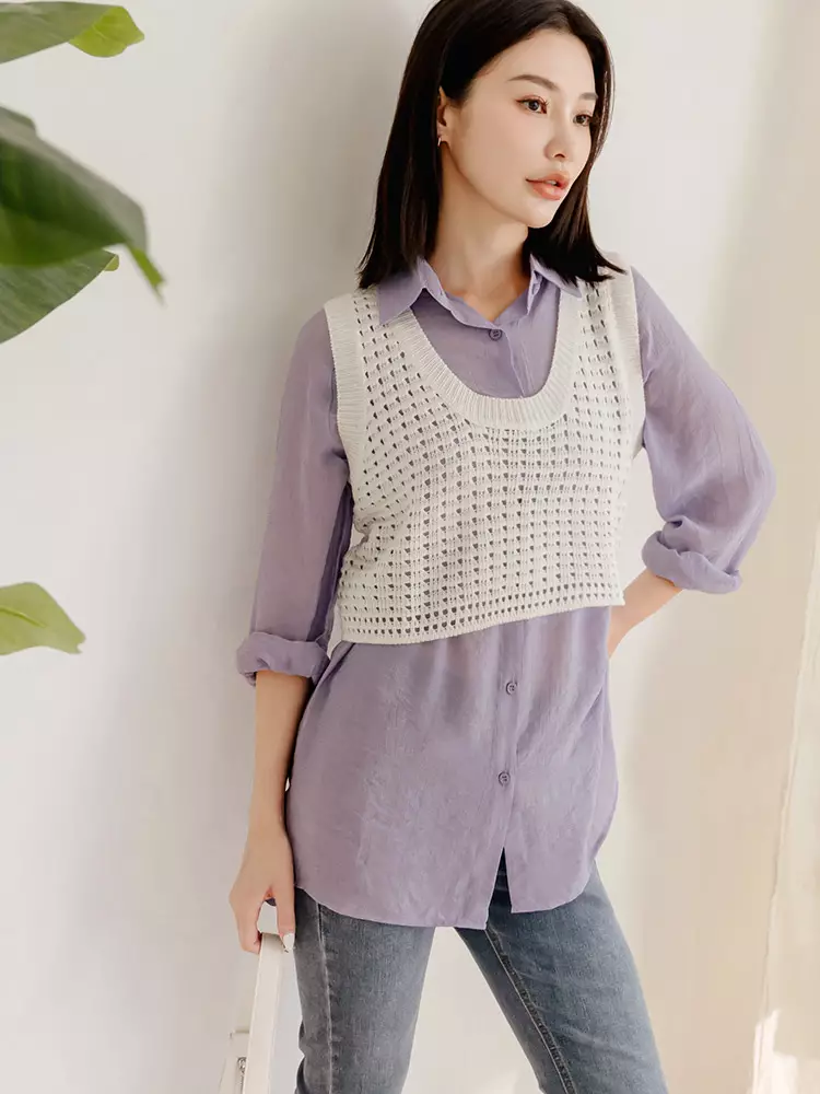 立體紋理翻領寬鬆防曬罩衫襯衫《AB19462》