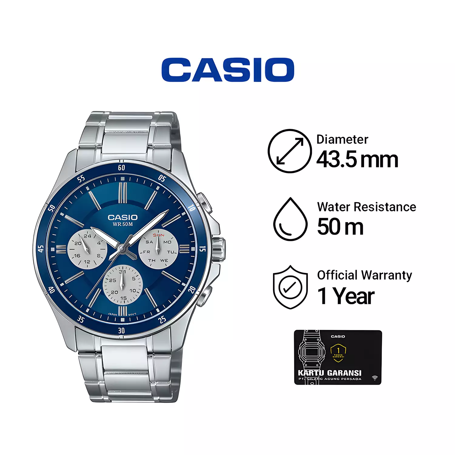 Casio Chronograph MTP-1374D-2A3V Jam Tangan Analog Pria - Blue Dial - Silver Stainless Steel Band