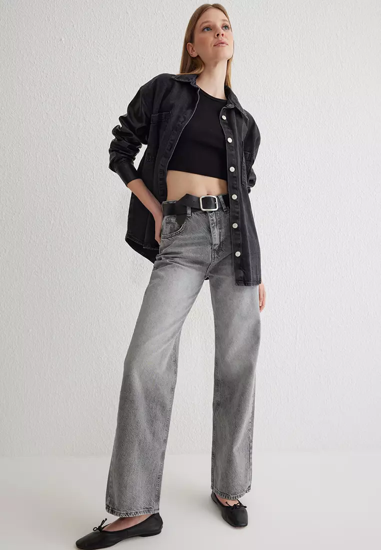 Grey High Waist Wide Leg Jeans