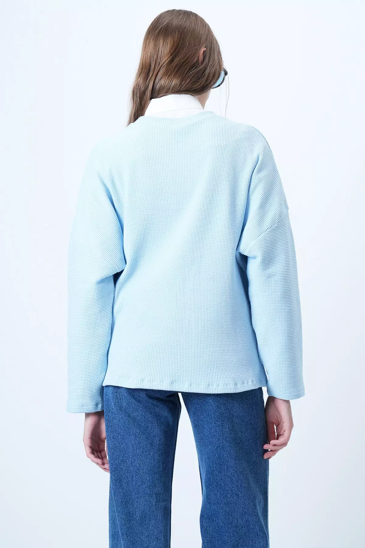 Blue Crew Neck Bat Sleeve Wide Cut Basic Blouse Alc-X14391