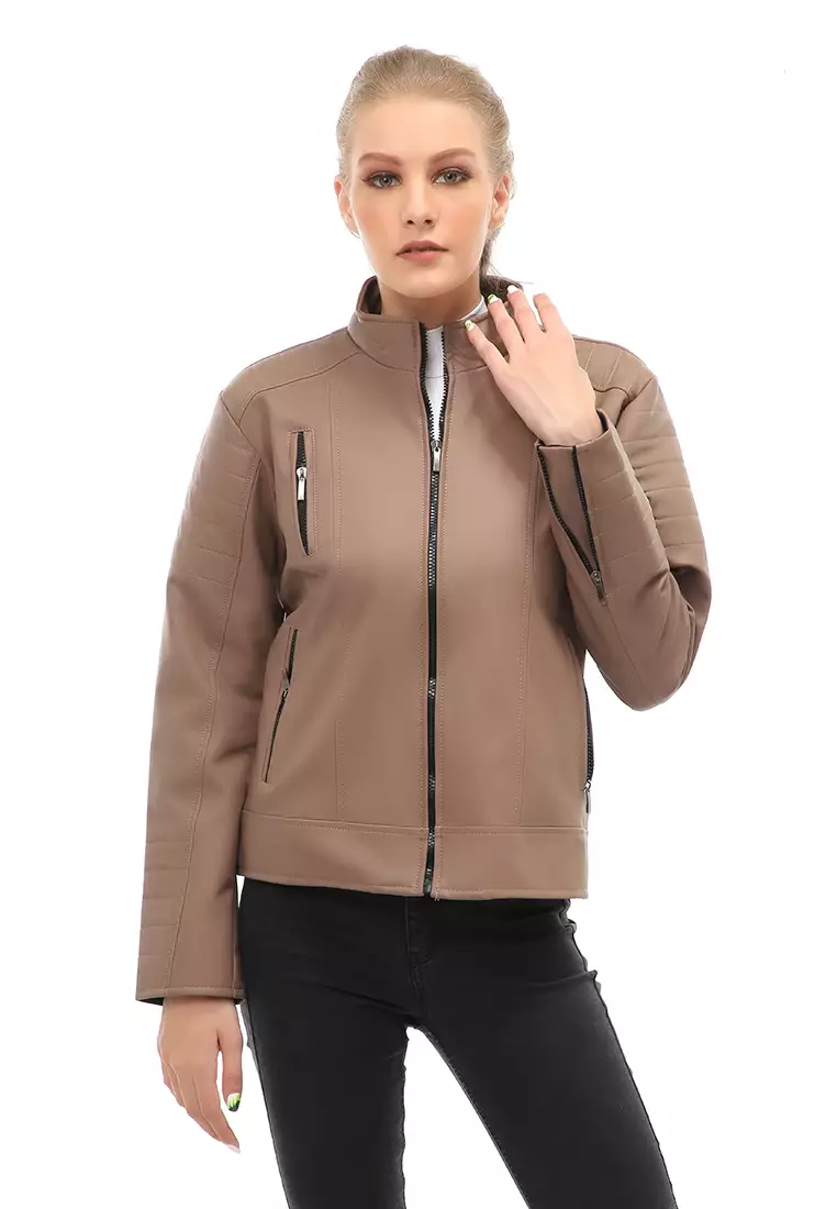 Glenice Jacket Outer Wanita Jaket Kulit Casual Simple Design Material Leather ORIGINAL - Mocca
