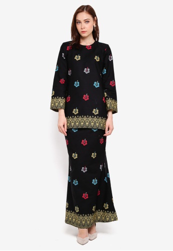 Cotton Modern Kurung With Songket Print (BRaya) from Kasih in black and Multi