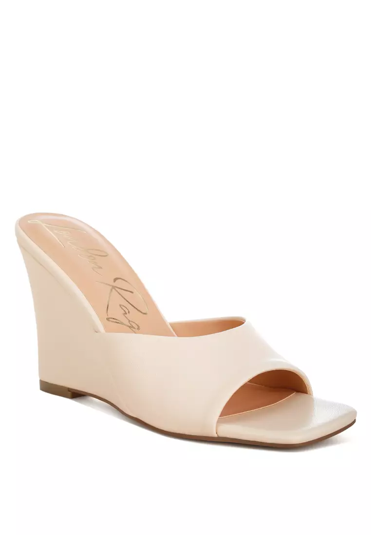 Recycled Faux Leather Wedge Sandals in Beige