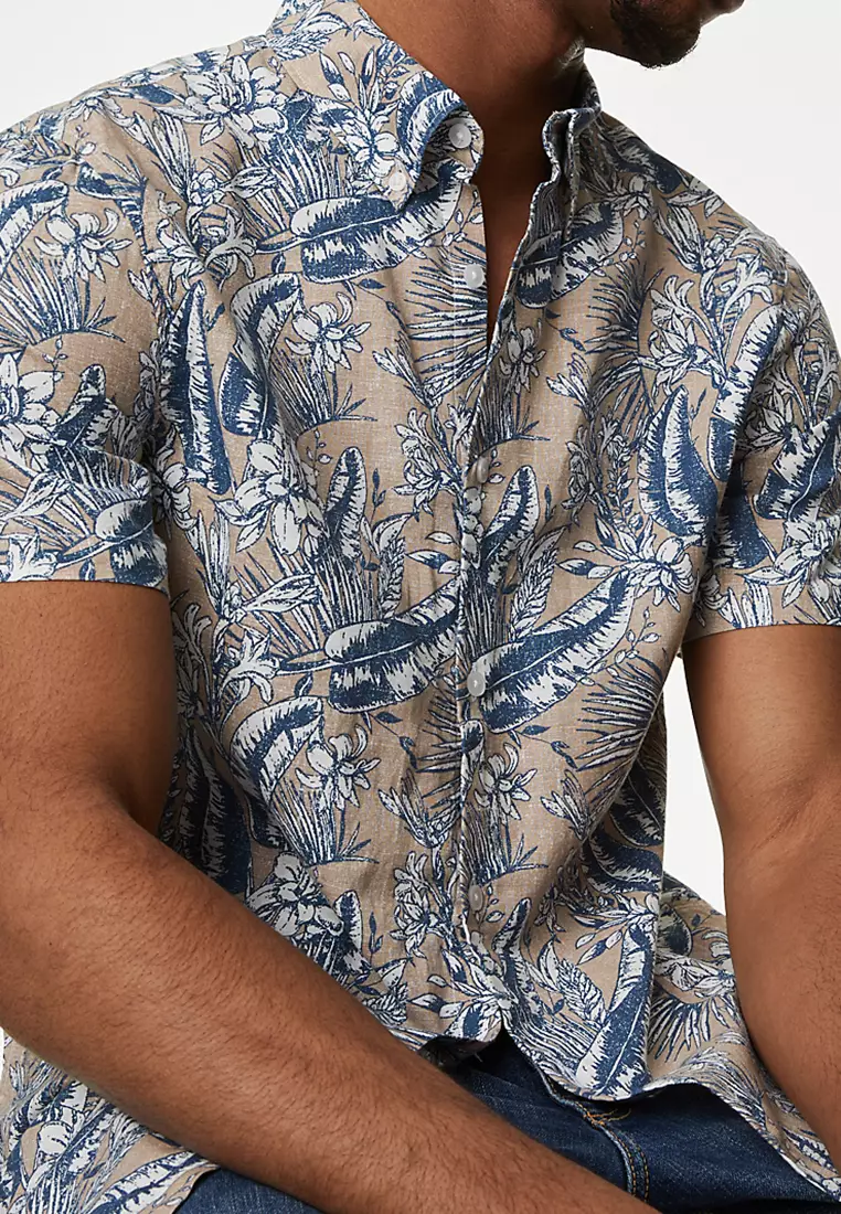 Easy Iron Cotton Linen Blend Print Shirt