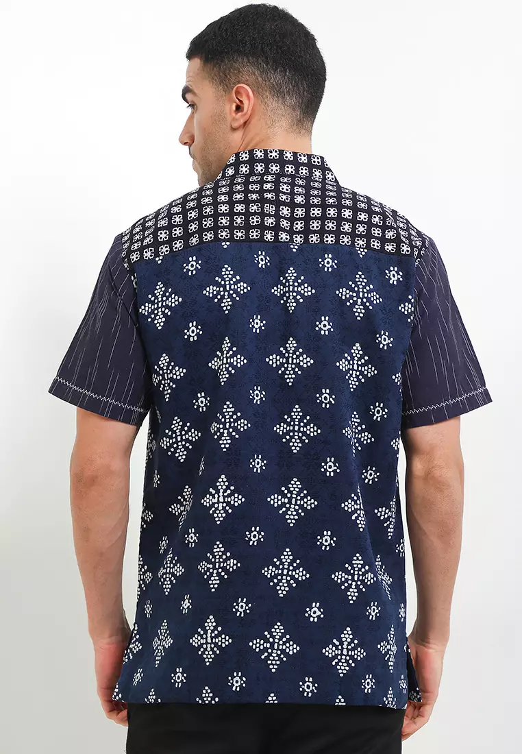 Kemeja Pria Lengan Pendek Batik Cap Dobby Spesial JFW Collection Binar Aksaja Navy
