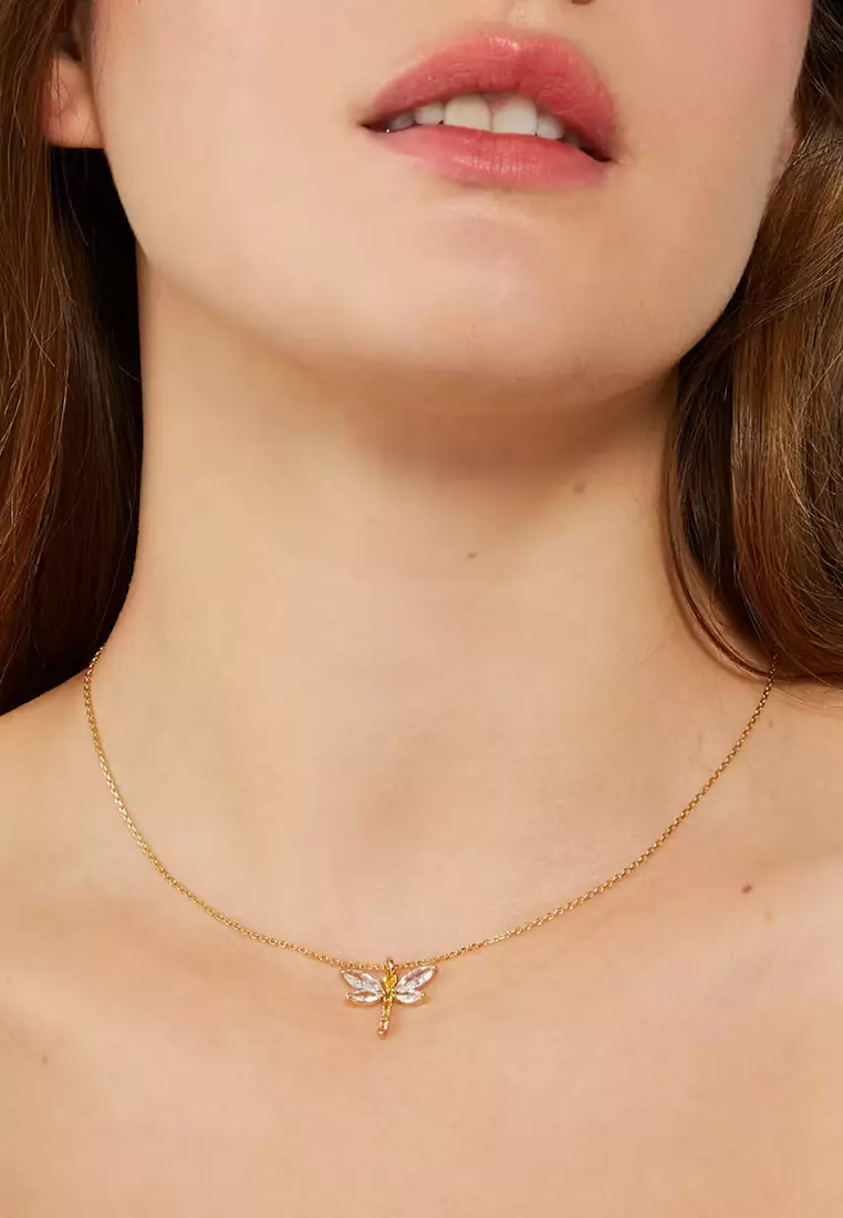 Greenhouse Dragonfly Mini Pendant Necklace in Clear/ Gold kg190