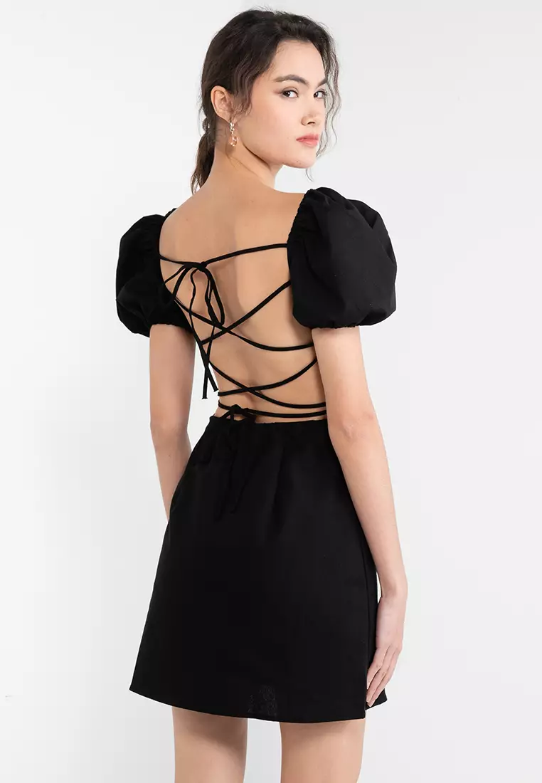 Square Neck Puff Sleeve Tie Back Dress