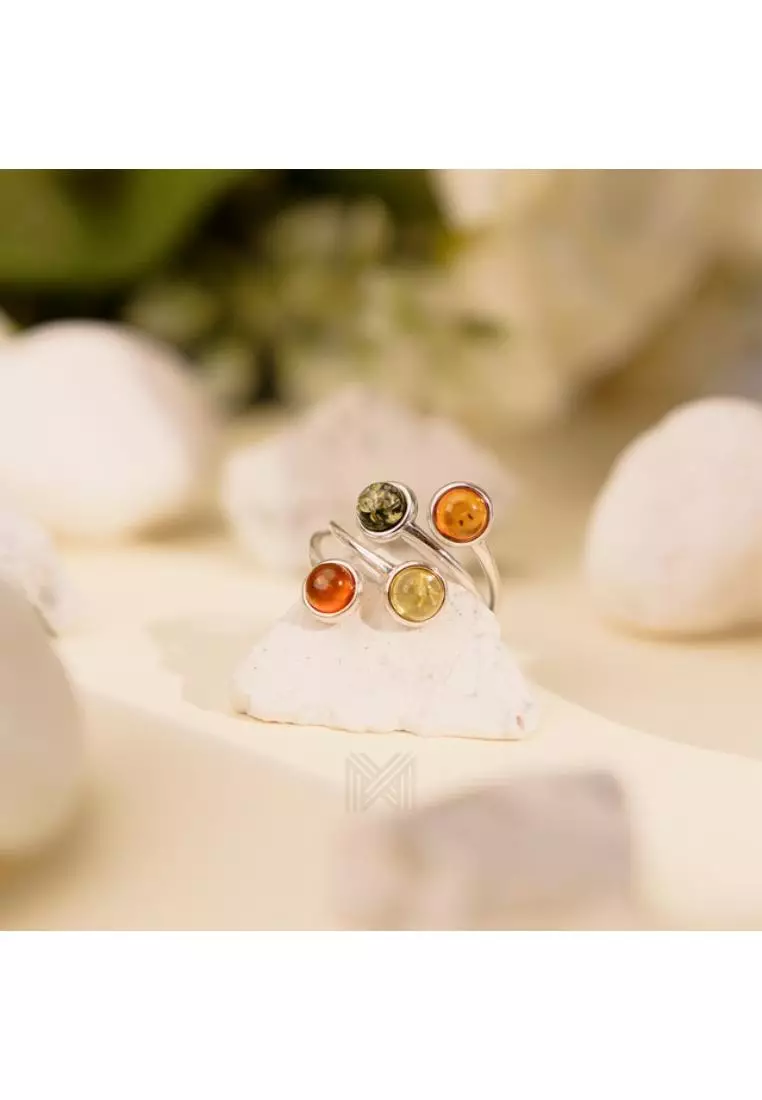 Multifaceted Baltic Amber Four Stone Statement Silver Ring with 925 Sterling Silver