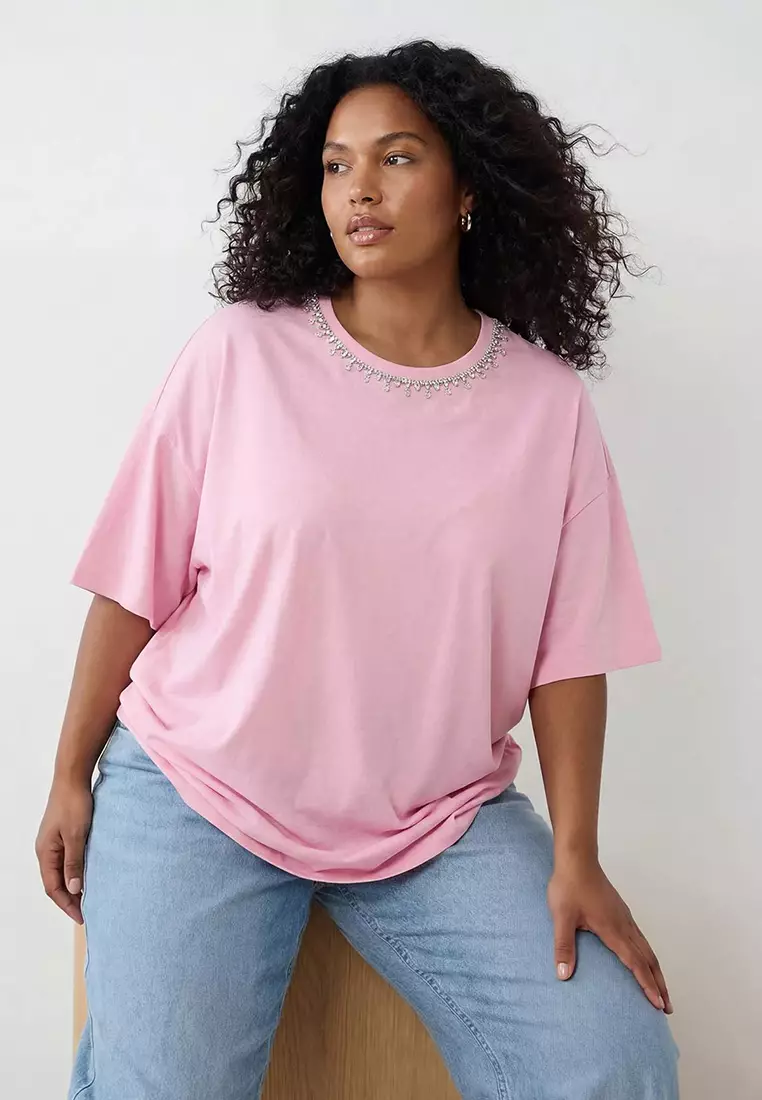 Pink Stone Collar Relaxed Fit 100% Cotton Knitted Plus Size T-Shirt Tbbss25Bf00021